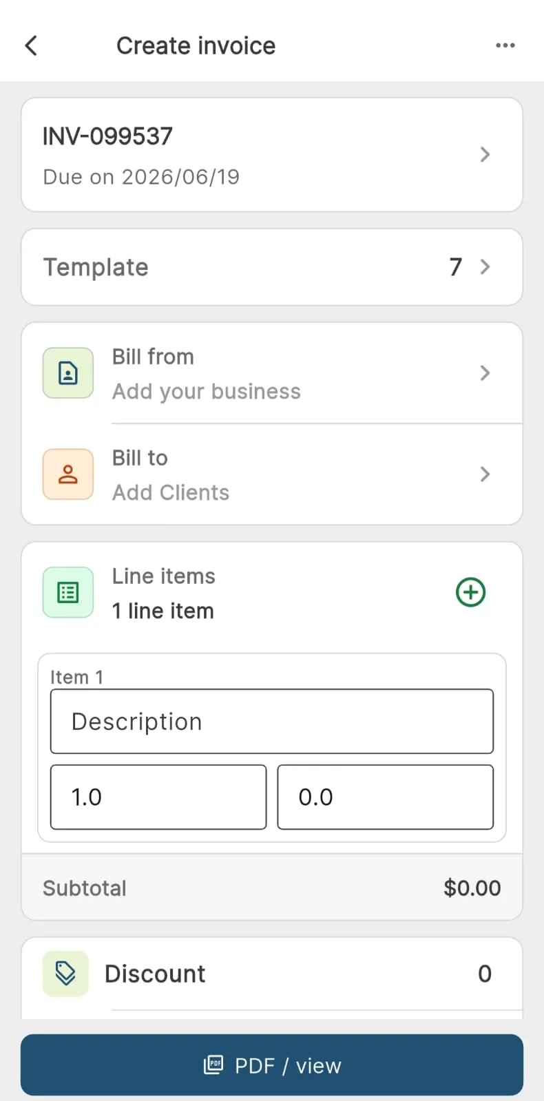 Easy Invoice create invoice screen with line items and totals
